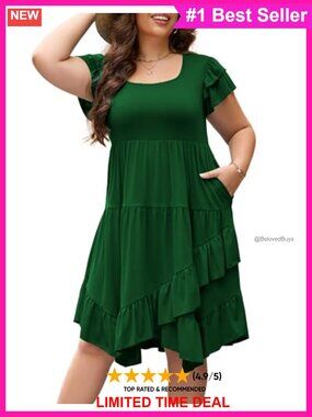 Plus Size Ruffle Sleeve Square Neck Maxi Dress with Pockets